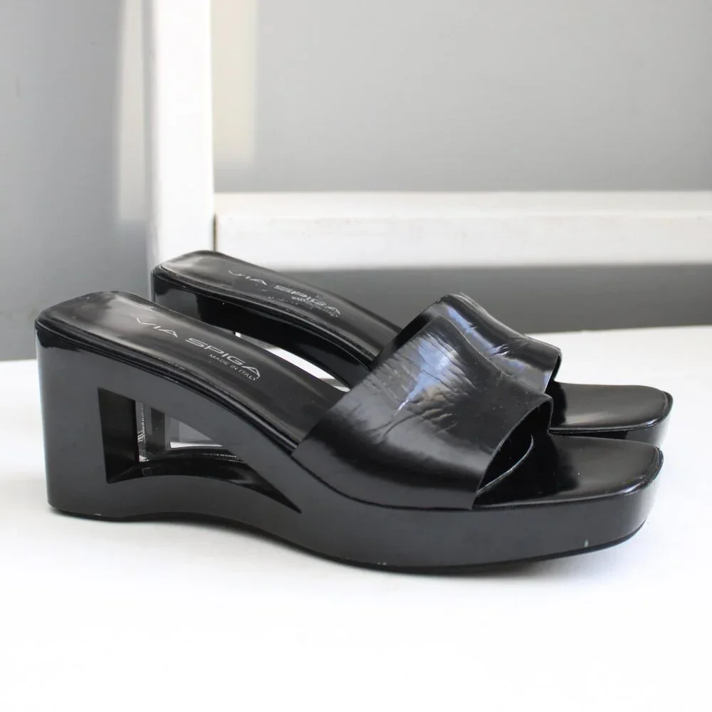 Via Spiga Black Acrylic Lucite Platform Wedge Cut-Out Heel Sandals Size 8.5 - Picture 1 of 8